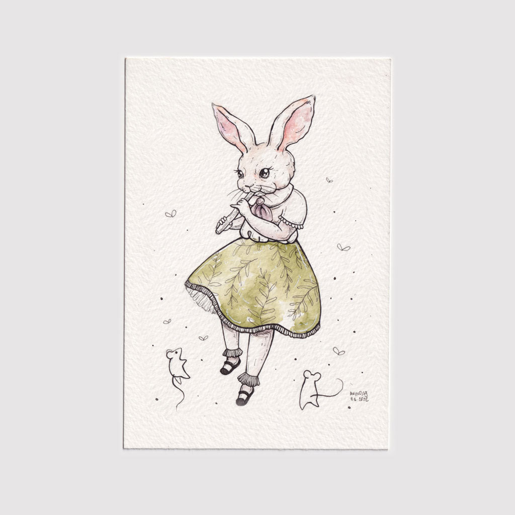 Rabbit playing flute - Original painting